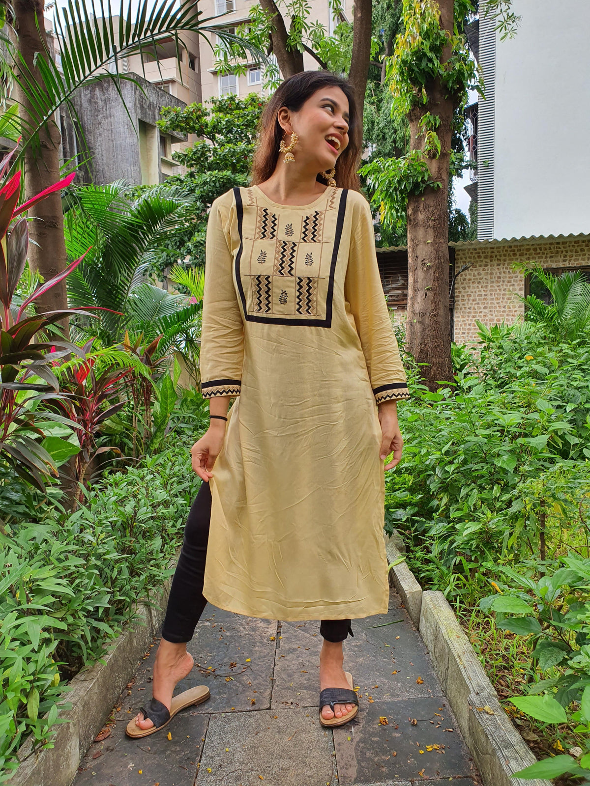 Jompers Women Cream-Coloured Yoke Design Straight Kurta | Grocsy