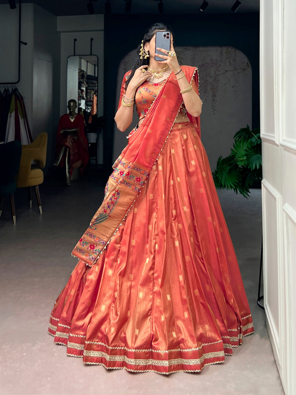 Lorenvalley Fashion Coral Shimmer Zari Weaving Work With Less Touch Up Lehenga Choli With Dupatta | Grocsy