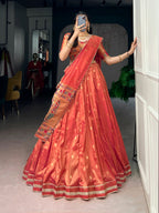 Lorenvalley Fashion Coral Shimmer Zari Weaving Work With Less Touch Up Lehenga Choli With Dupatta | Grocsy