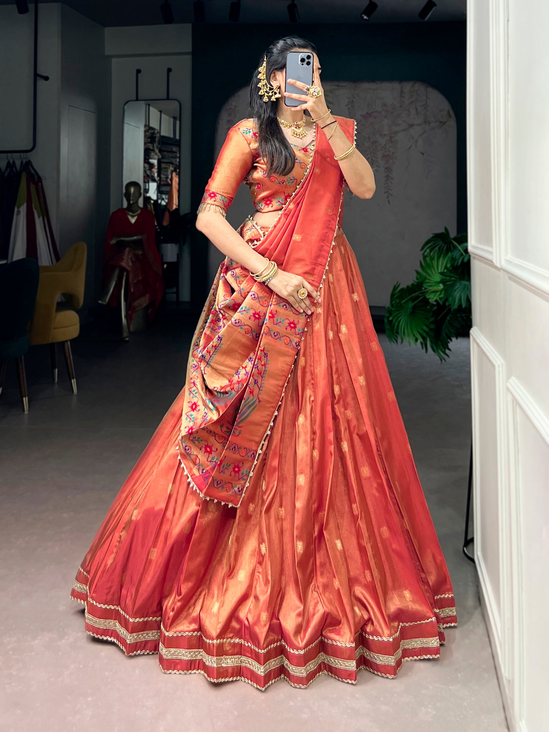 Lorenvalley Fashion Coral Shimmer Zari Weaving Work With Less Touch Up Lehenga Choli With Dupatta | Grocsy