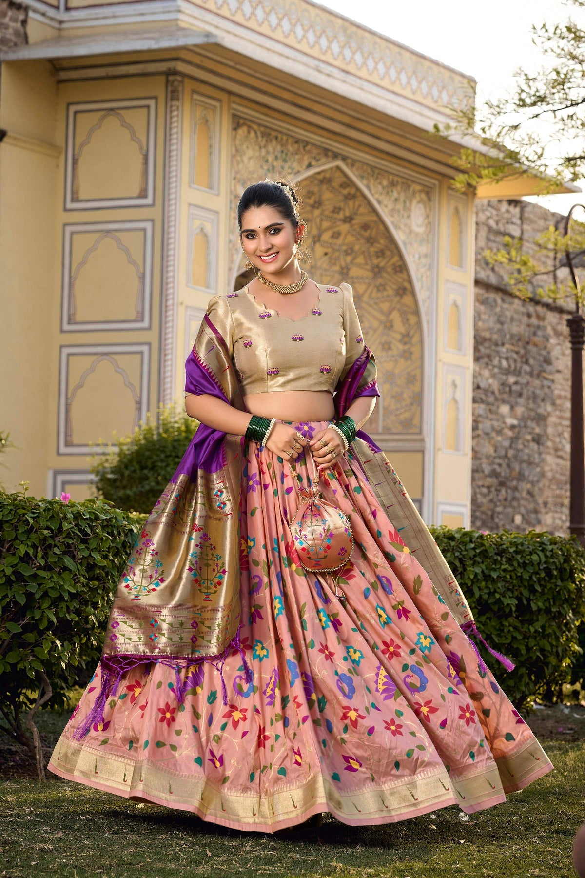 Lorenvalley Fashion Peach Jacquard Silk Paithani Weaving Zari Work Lehenga Choli with Dupatta | Grocsy