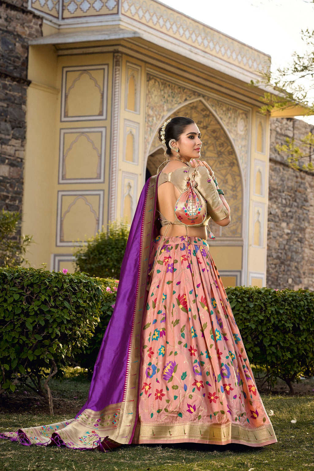 Lorenvalley Fashion Peach Jacquard Silk Paithani Weaving Zari Work Lehenga Choli with Dupatta | Grocsy