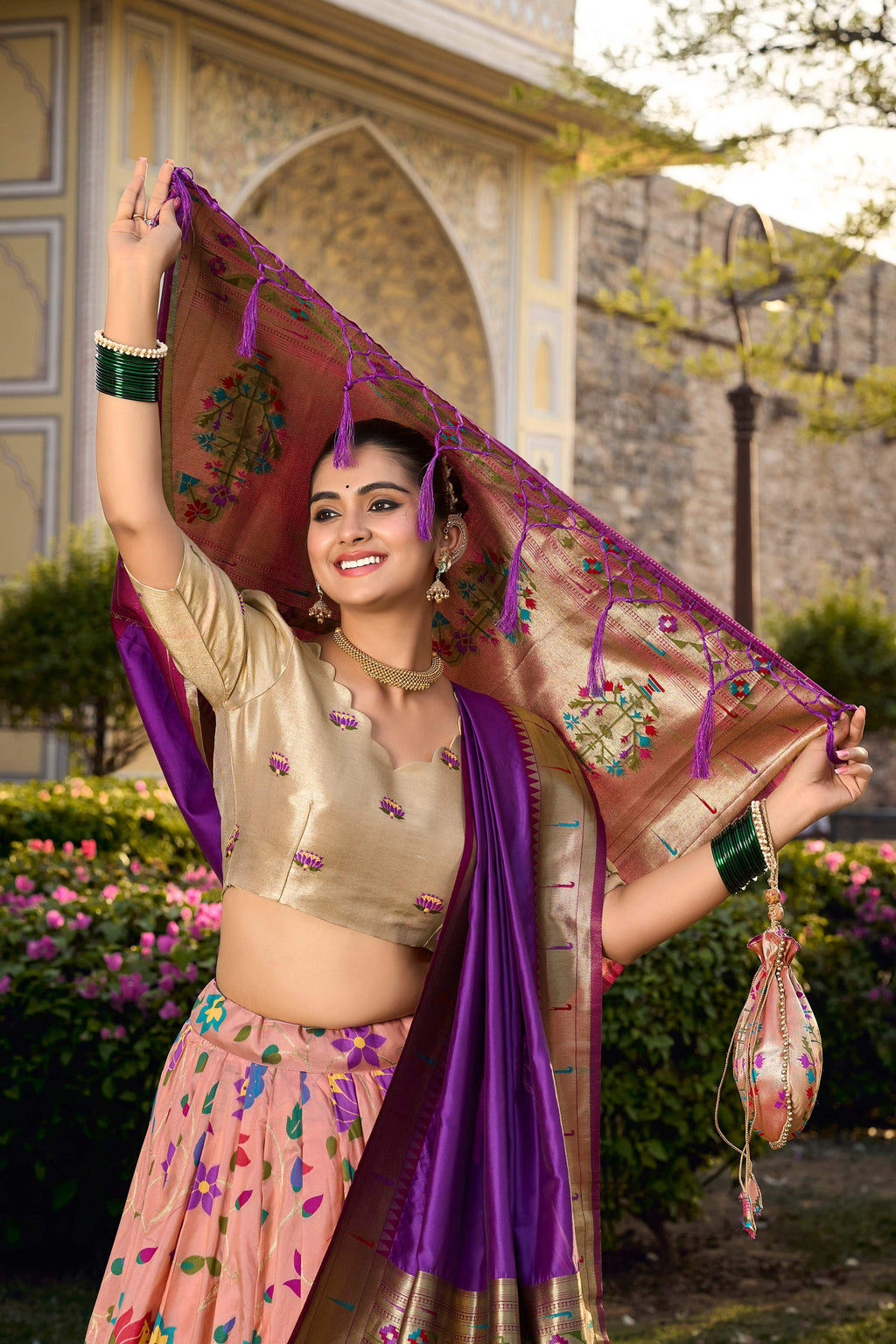 Lorenvalley Fashion Peach Jacquard Silk Paithani Weaving Zari Work Lehenga Choli with Dupatta | Grocsy