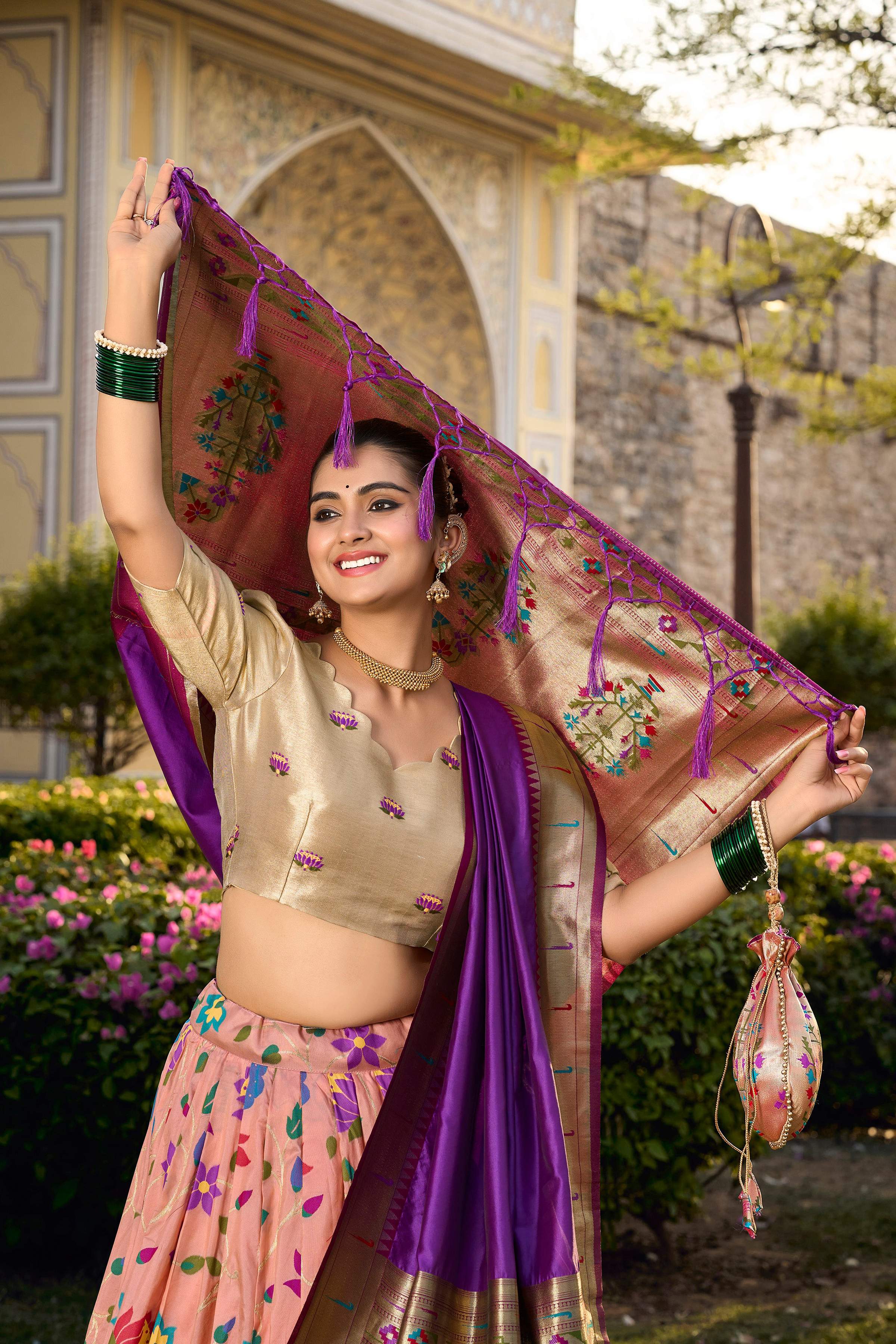 Lorenvalley Fashion Peach Jacquard Silk Paithani Weaving Zari Work Lehenga Choli with Dupatta | Grocsy