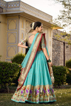 Lorenvalley Fashion Skyblue Jacquard Silk Paithani Weaving Zari Work Lehenga Choli with Dupatta | Grocsy