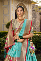 Lorenvalley Fashion Skyblue Jacquard Silk Paithani Weaving Zari Work Lehenga Choli with Dupatta | Grocsy