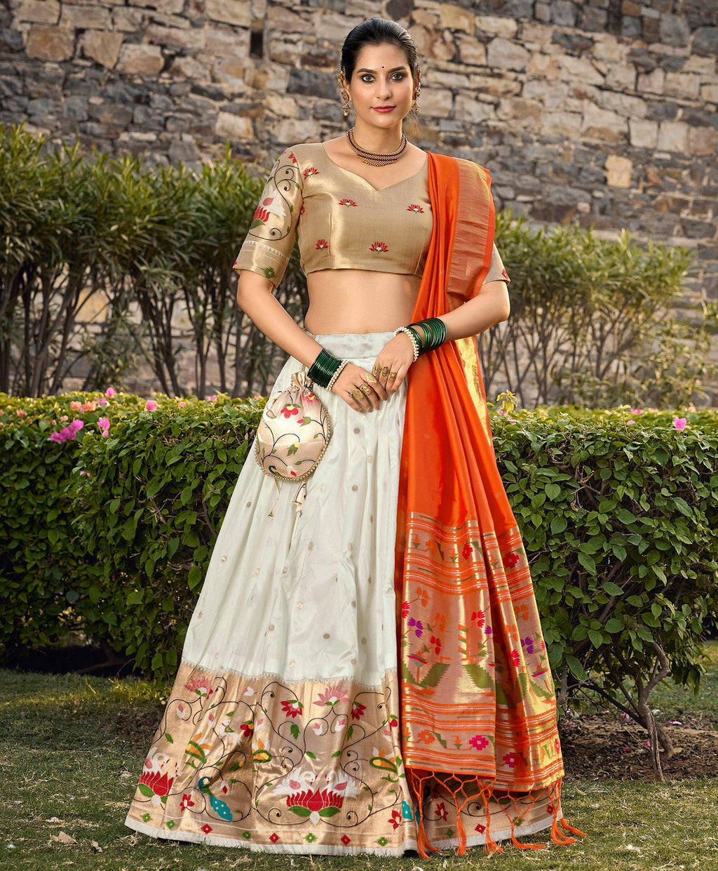 Lorenvalley Fashion White Jacquard Silk Paithani Weaving Zari Work Lehenga Choli with Dupatta | Grocsy