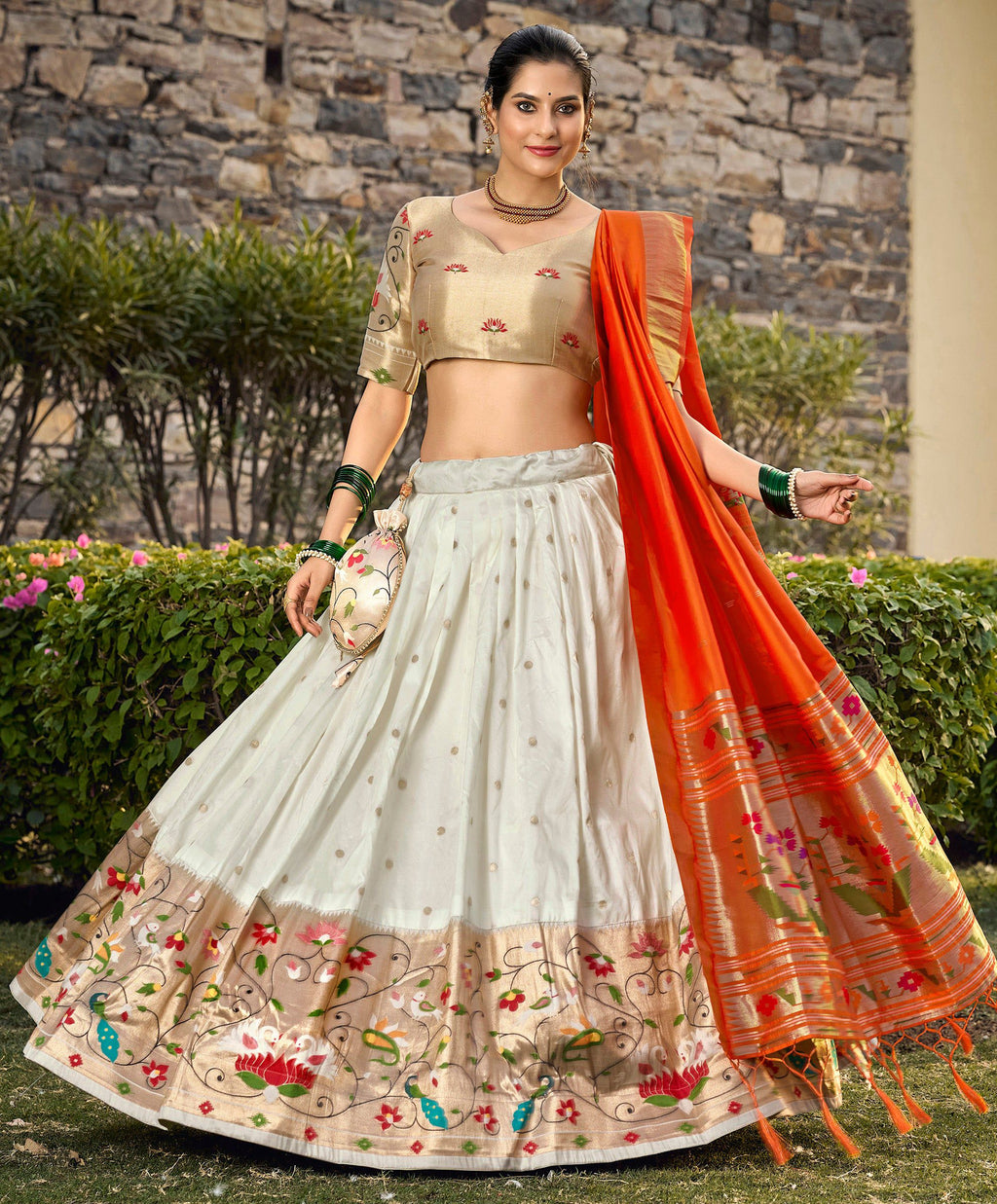 Lorenvalley Fashion White Jacquard Silk Paithani Weaving Zari Work Lehenga Choli with Dupatta | Grocsy