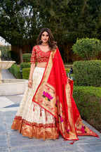 Lorenvalley Fashion White Silk Paithani Zari Weaving Work With Sequins And Thread Embroidery Lace Border Lehenga Choli With Dupatta | Grocsy