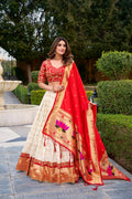 Lorenvalley Fashion White Silk Paithani Zari Weaving Work With Sequins And Thread Embroidery Lace Border Lehenga Choli With Dupatta | Grocsy