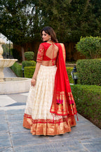 Lorenvalley Fashion White Silk Paithani Zari Weaving Work With Sequins And Thread Embroidery Lace Border Lehenga Choli With Dupatta | Grocsy