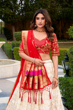 Lorenvalley Fashion White Silk Paithani Zari Weaving Work With Sequins And Thread Embroidery Lace Border Lehenga Choli With Dupatta | Grocsy