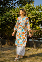 Rangreza Ethnic Leela Mulmul Chikankari Kurta Orange | Grocsy