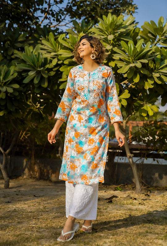 Rangreza Ethnic Leela Mulmul Chikankari Kurta Orange | Grocsy