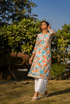 Rangreza Ethnic Leela Mulmul Chikankari Kurta Orange | Grocsy