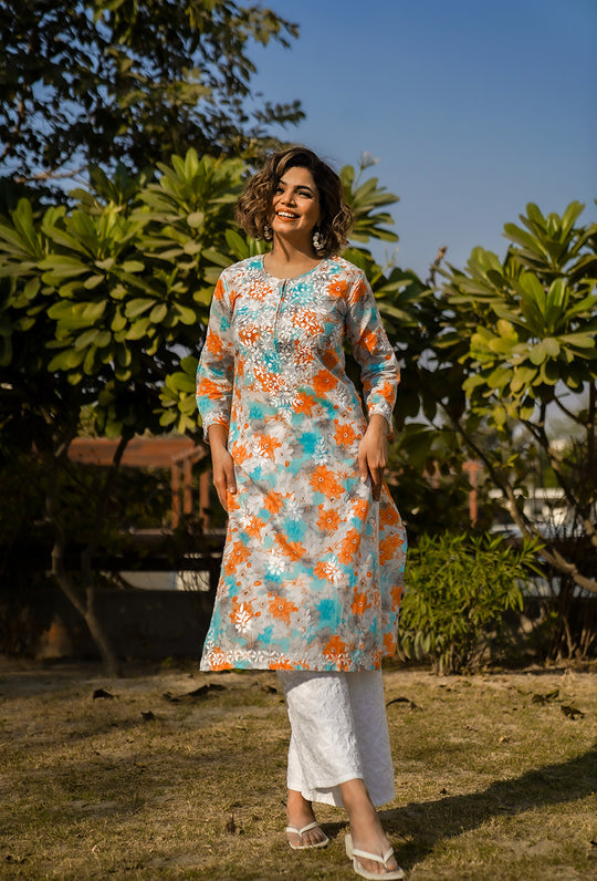 Rangreza Ethnic Leela Mulmul Chikankari Kurta Orange | Grocsy