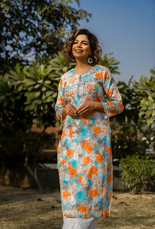 Rangreza Ethnic Leela Mulmul Chikankari Kurta Orange | Grocsy