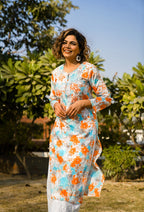 Rangreza Ethnic Leela Mulmul Chikankari Kurta Orange | Grocsy