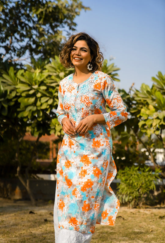 Rangreza Ethnic Leela Mulmul Chikankari Kurta Orange | Grocsy