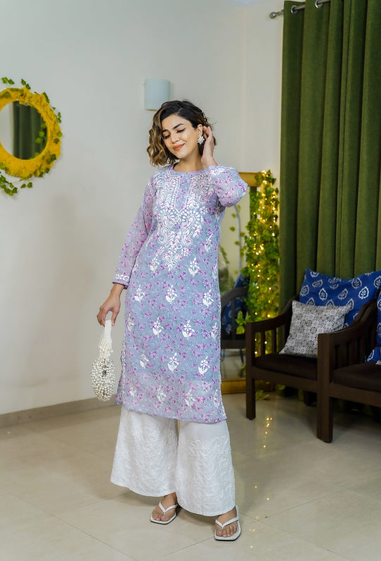 Rangreza Ethnic Eliza Georgette Chikankari Kurta With Inner (Set Of 2) Lavender | Grocsy
