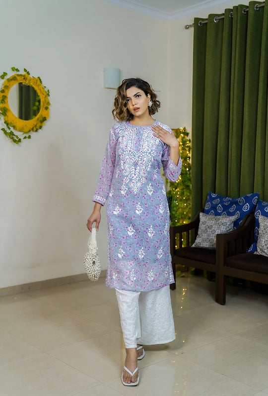 Rangreza Ethnic Eliza Georgette Chikankari Kurta With Inner (Set Of 2) Lavender | Grocsy