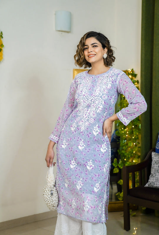 Rangreza Ethnic Eliza Georgette Chikankari Kurta With Inner (Set Of 2) Lavender | Grocsy