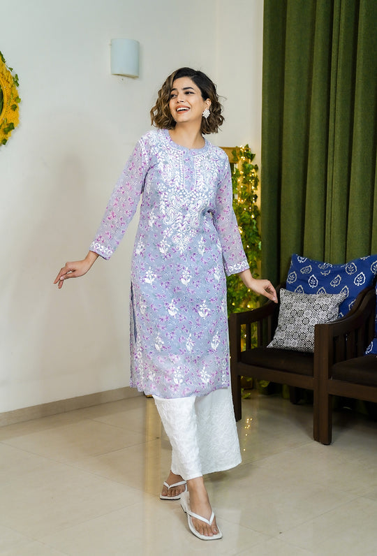 Rangreza Ethnic Eliza Georgette Chikankari Kurta With Inner (Set Of 2) Lavender | Grocsy