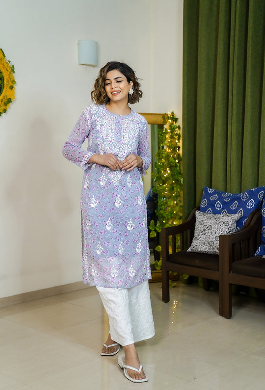 Rangreza Ethnic Eliza Georgette Chikankari Kurta With Inner (Set Of 2) Lavender | Grocsy