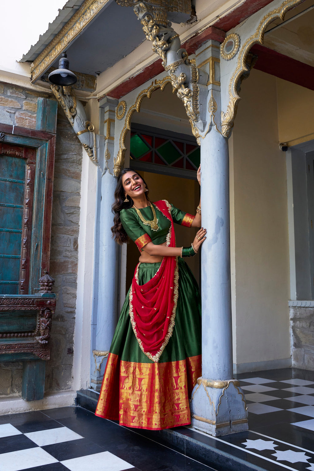 Lorenvalley Green Narayan Pattu Fabric with Zari Weaving Work Lehenga Choli | Grocsy