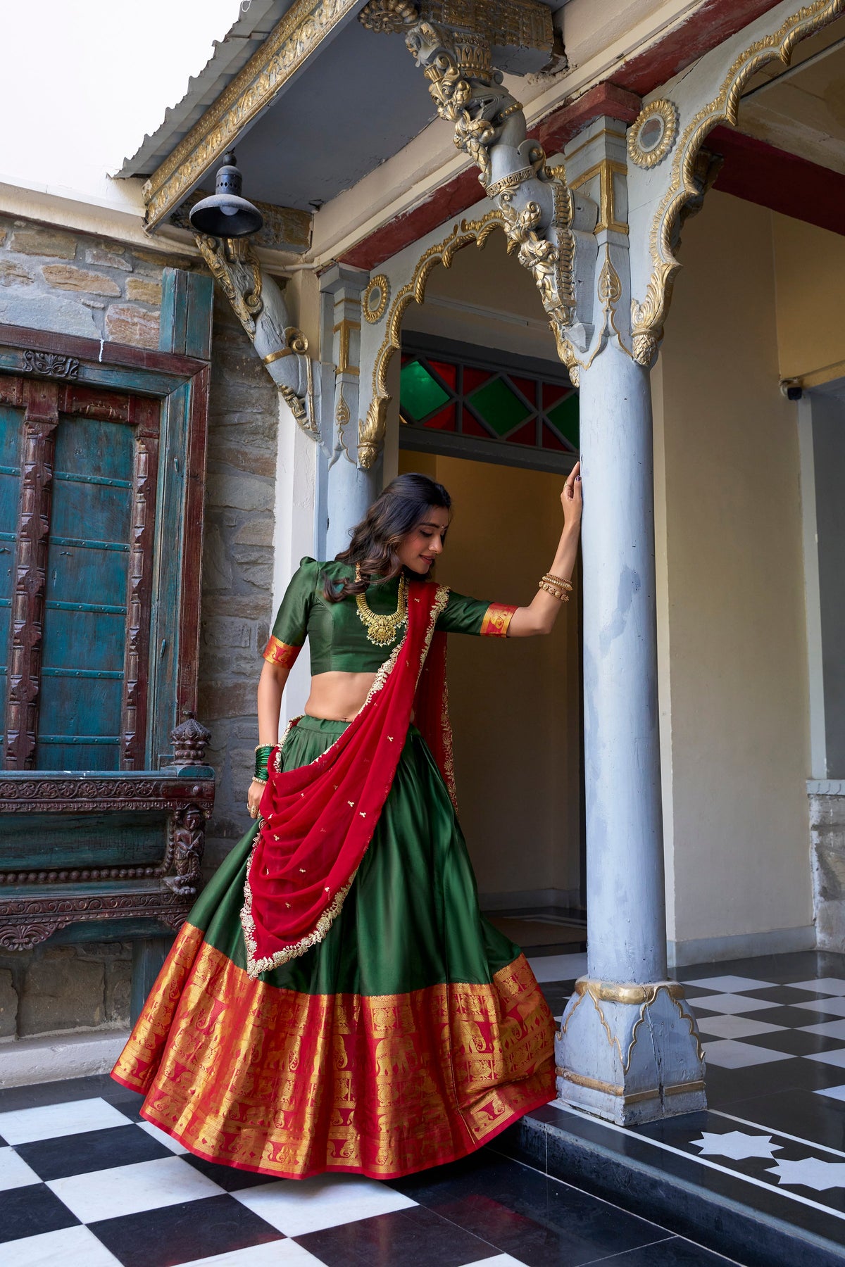 Lorenvalley Green Narayan Pattu Fabric with Zari Weaving Work Lehenga Choli | Grocsy