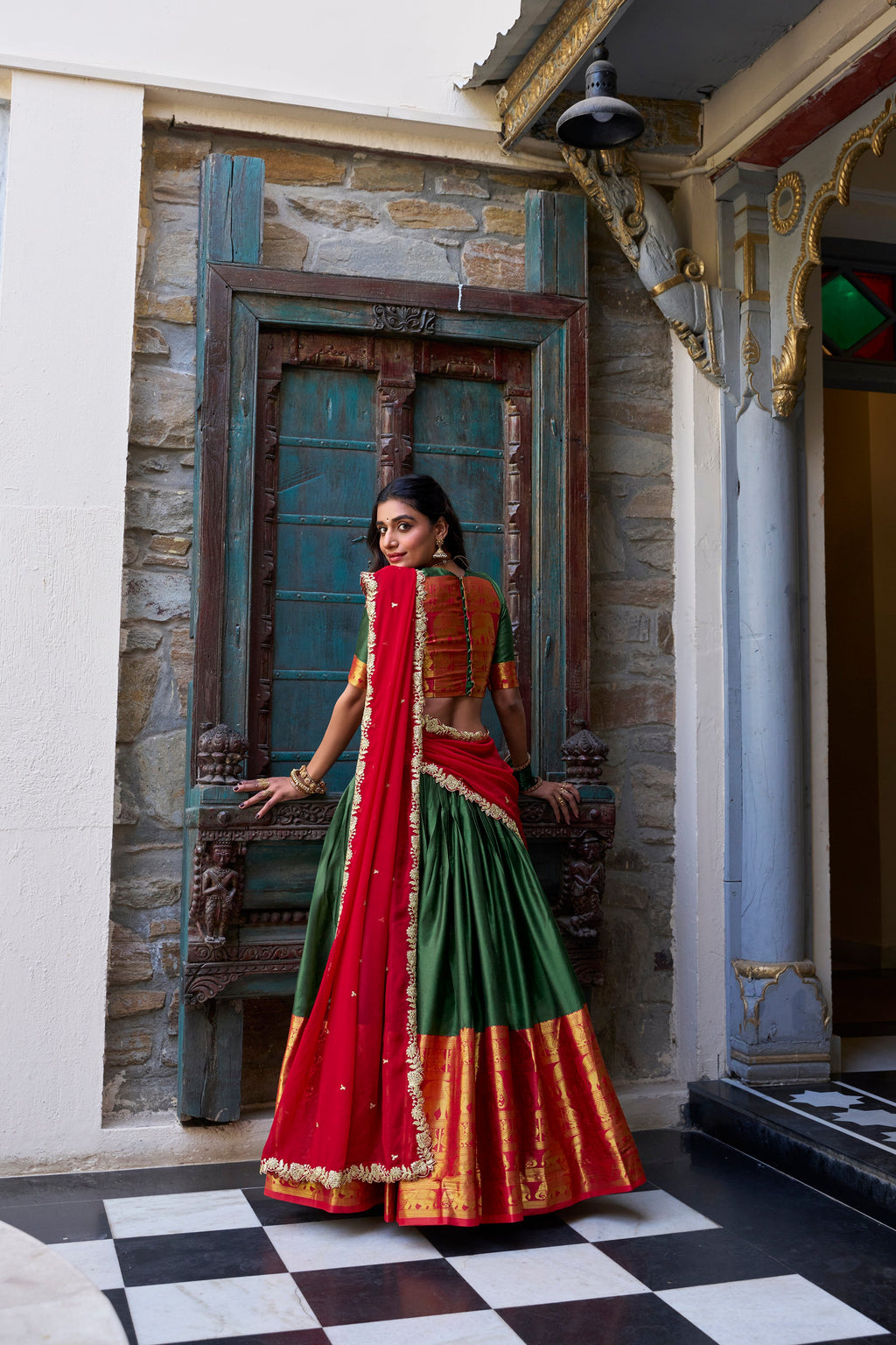 Lorenvalley Green Narayan Pattu Fabric with Zari Weaving Work Lehenga Choli | Grocsy