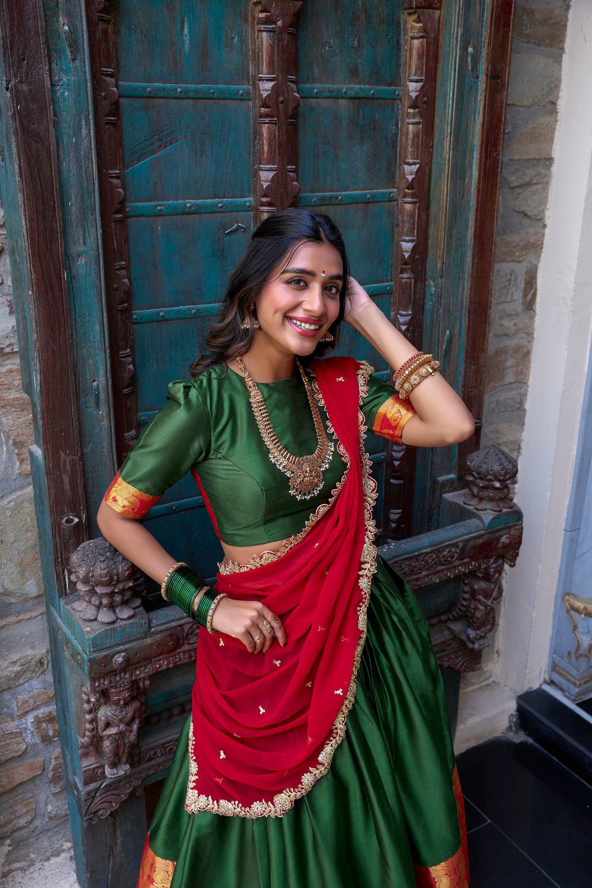 Lorenvalley Green Narayan Pattu Fabric with Zari Weaving Work Lehenga Choli | Grocsy