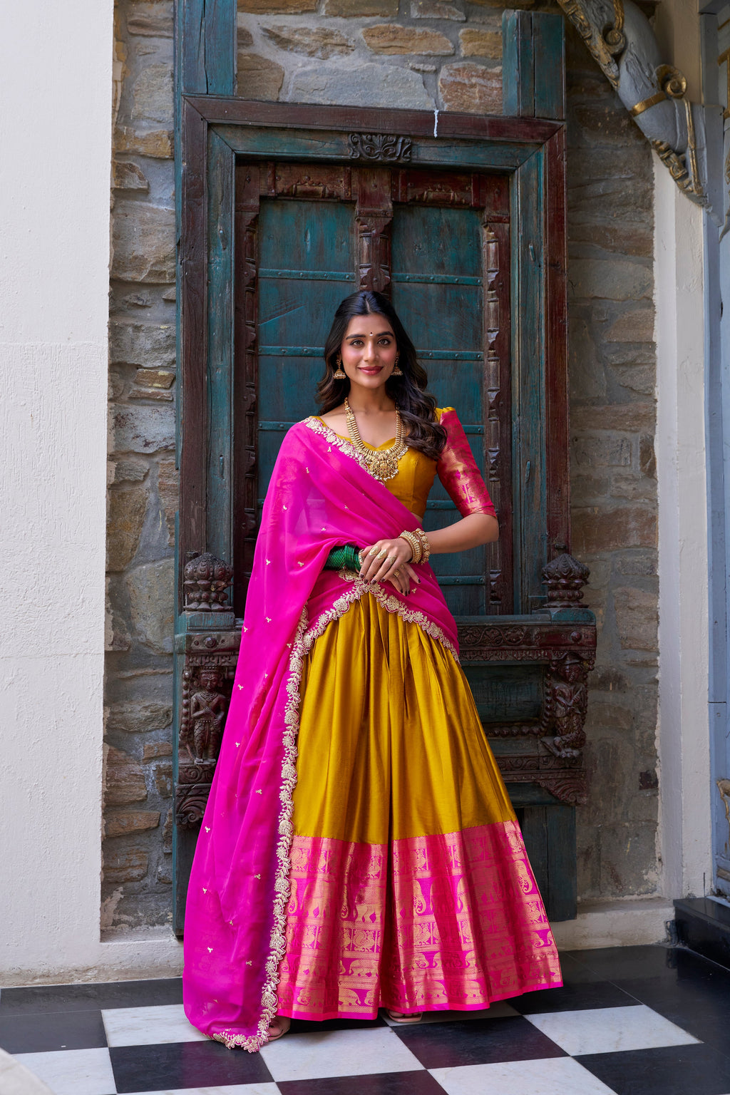 Lorenvalley Mustard Narayan Pattu Fabric with Zari Weaving Work Lehenga Choli | Grocsy