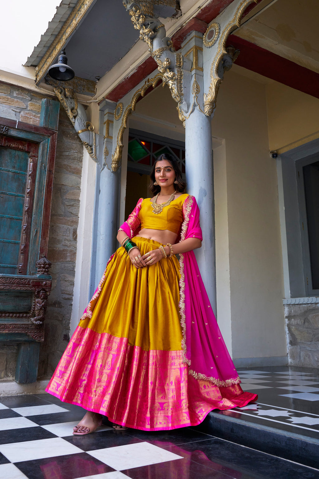Lorenvalley Mustard Narayan Pattu Fabric with Zari Weaving Work Lehenga Choli | Grocsy