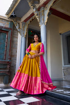 Lorenvalley Mustard Narayan Pattu Fabric with Zari Weaving Work Lehenga Choli | Grocsy