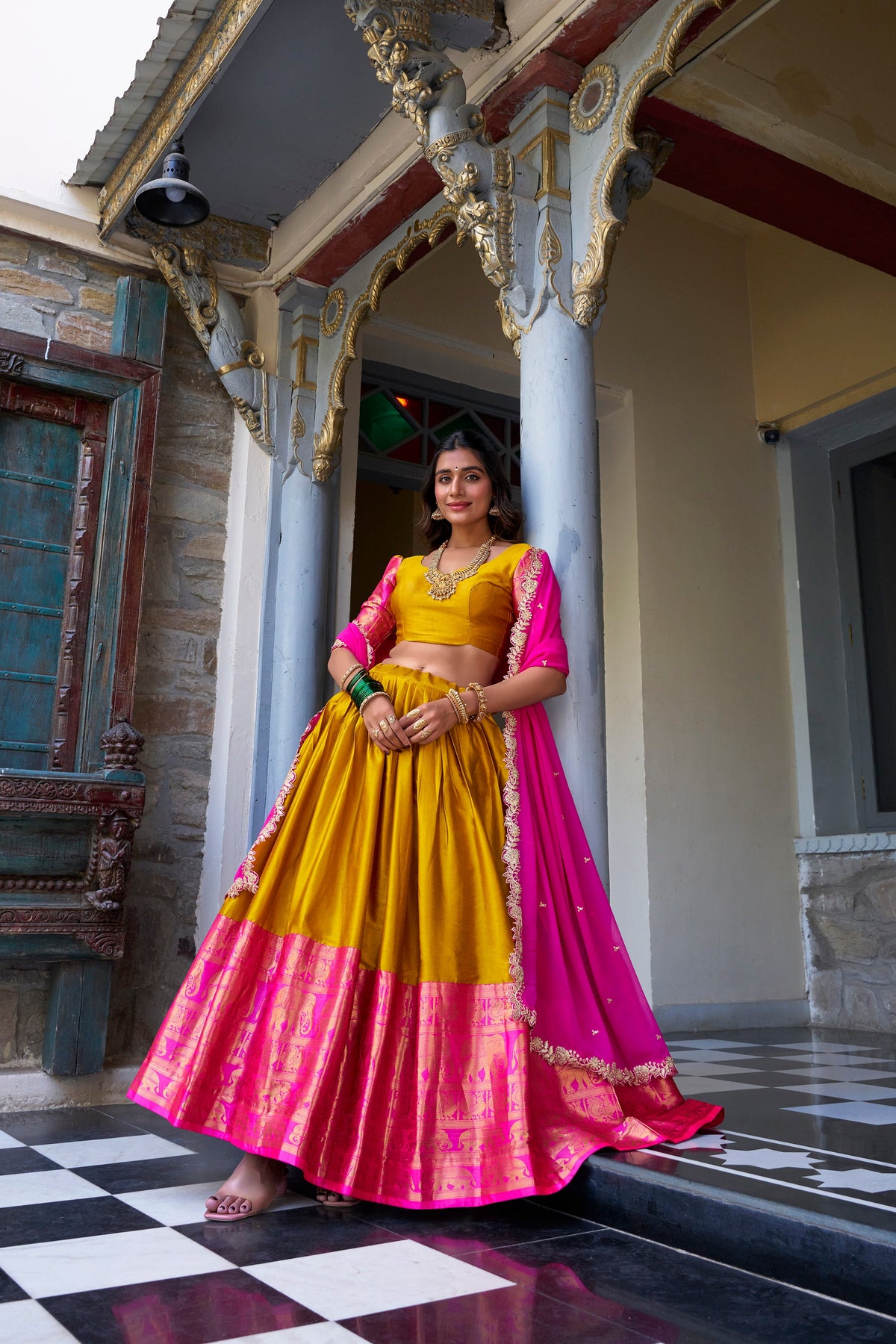 Lorenvalley Mustard Narayan Pattu Fabric with Zari Weaving Work Lehenga Choli | Grocsy