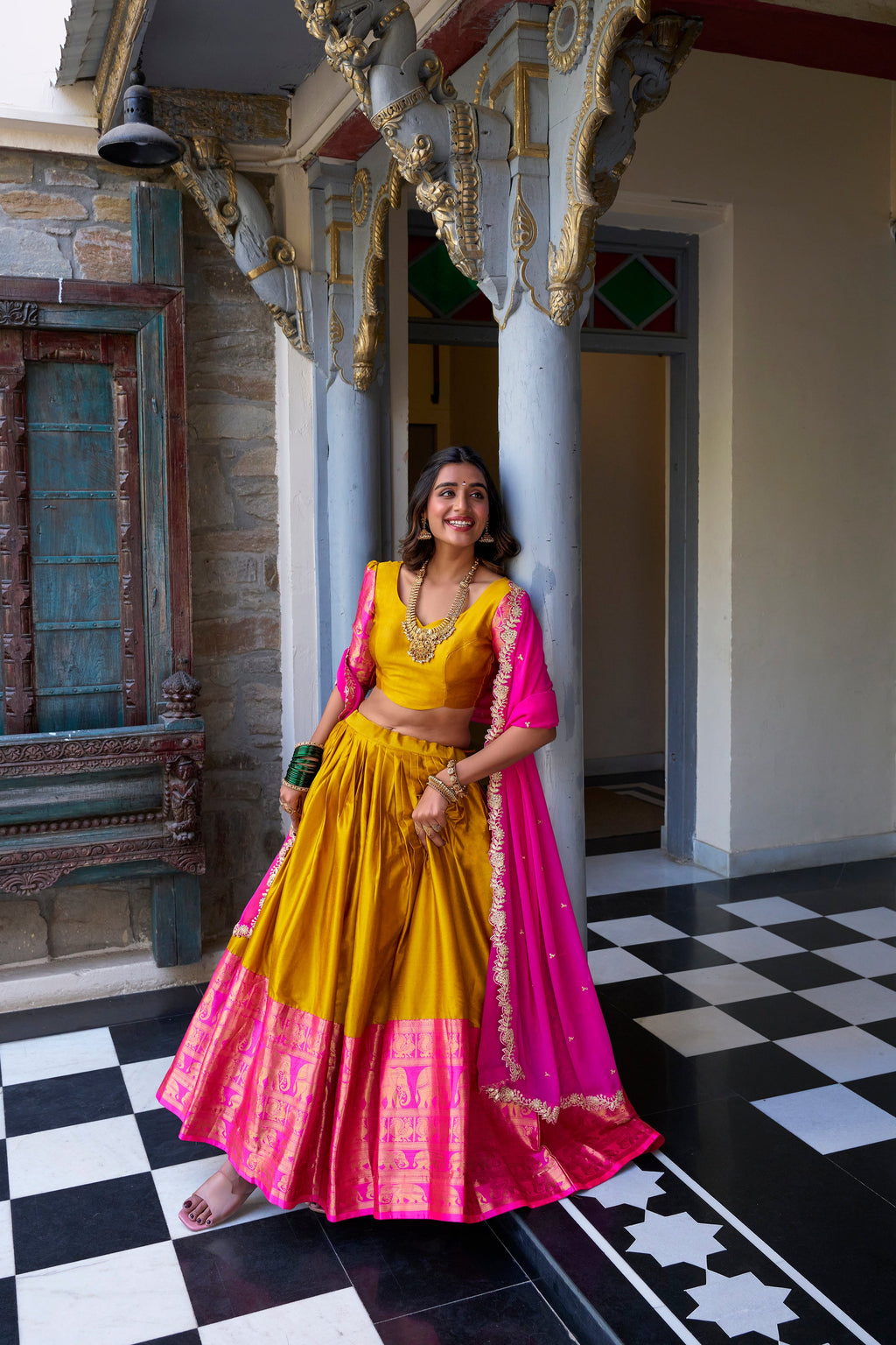 Lorenvalley Mustard Narayan Pattu Fabric with Zari Weaving Work Lehenga Choli | Grocsy