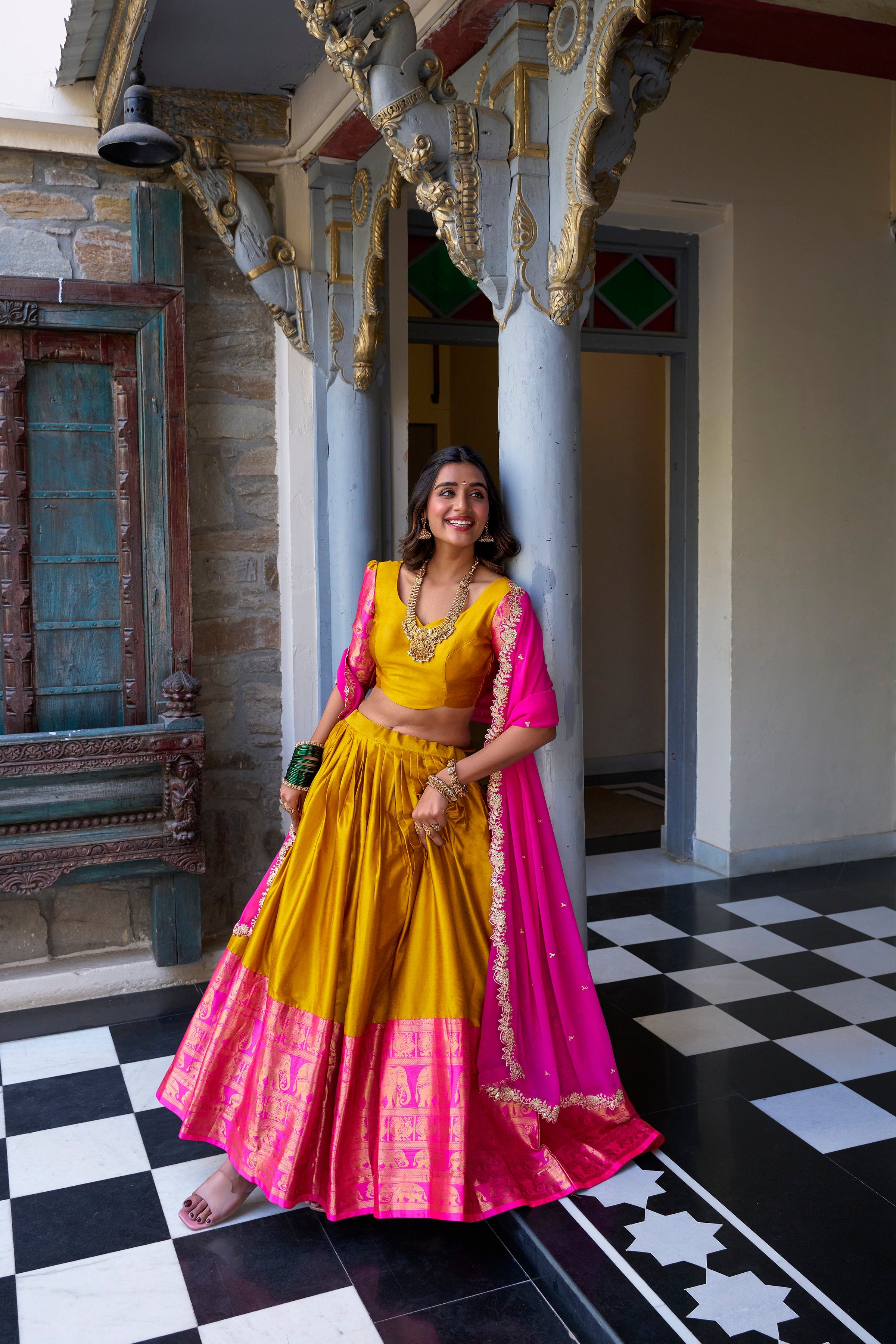 Lorenvalley Mustard Narayan Pattu Fabric with Zari Weaving Work Lehenga Choli | Grocsy