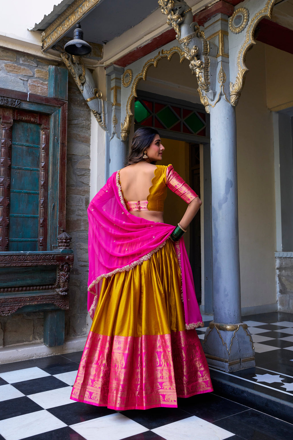 Lorenvalley Mustard Narayan Pattu Fabric with Zari Weaving Work Lehenga Choli | Grocsy