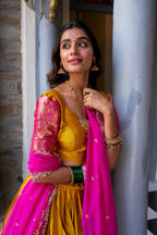 Lorenvalley Mustard Narayan Pattu Fabric with Zari Weaving Work Lehenga Choli | Grocsy