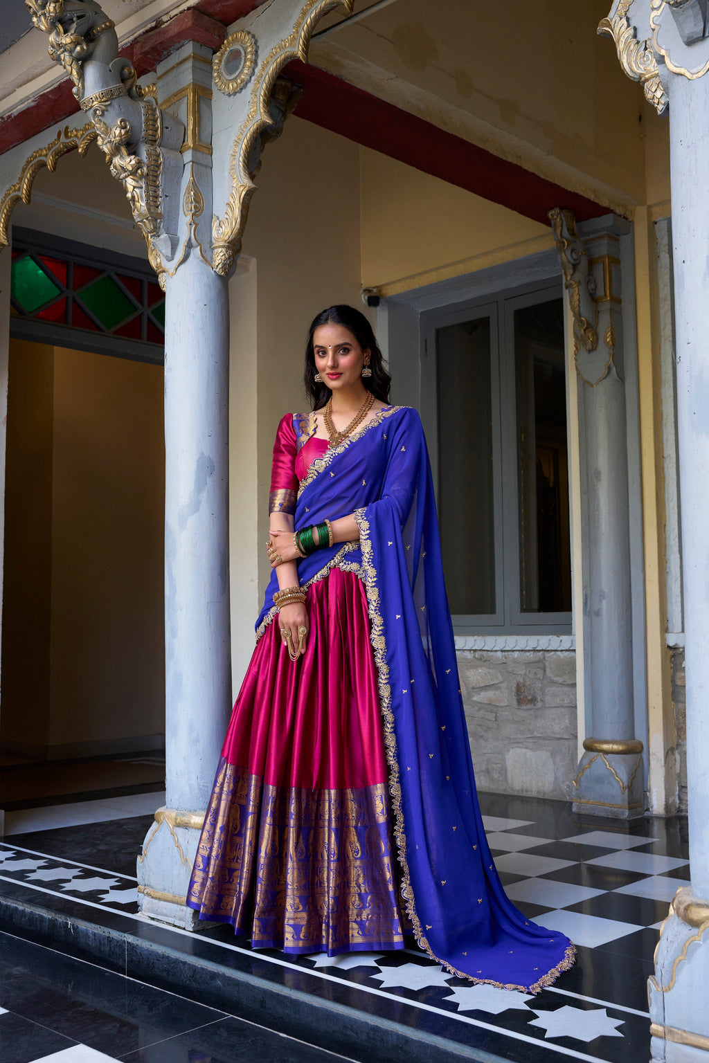 Lorenvalley Pink Narayan Pattu Fabric with Zari Weaving Work Lehenga Choli | Grocsy