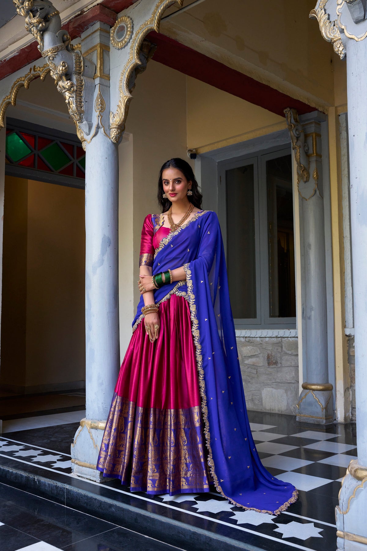 Lorenvalley Pink Narayan Pattu Fabric with Zari Weaving Work Lehenga Choli | Grocsy