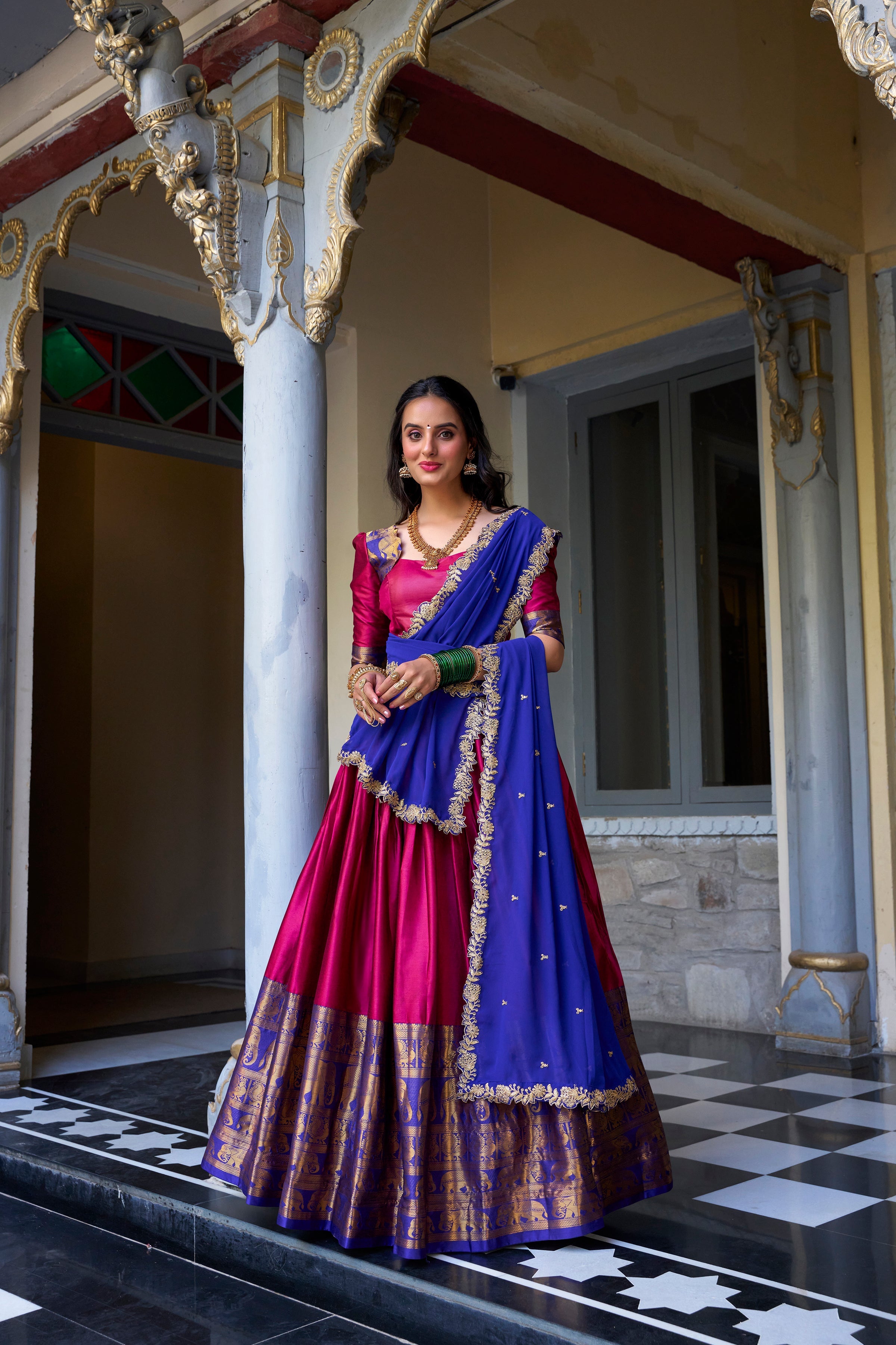 Lorenvalley Pink Narayan Pattu Fabric with Zari Weaving Work Lehenga Choli | Grocsy
