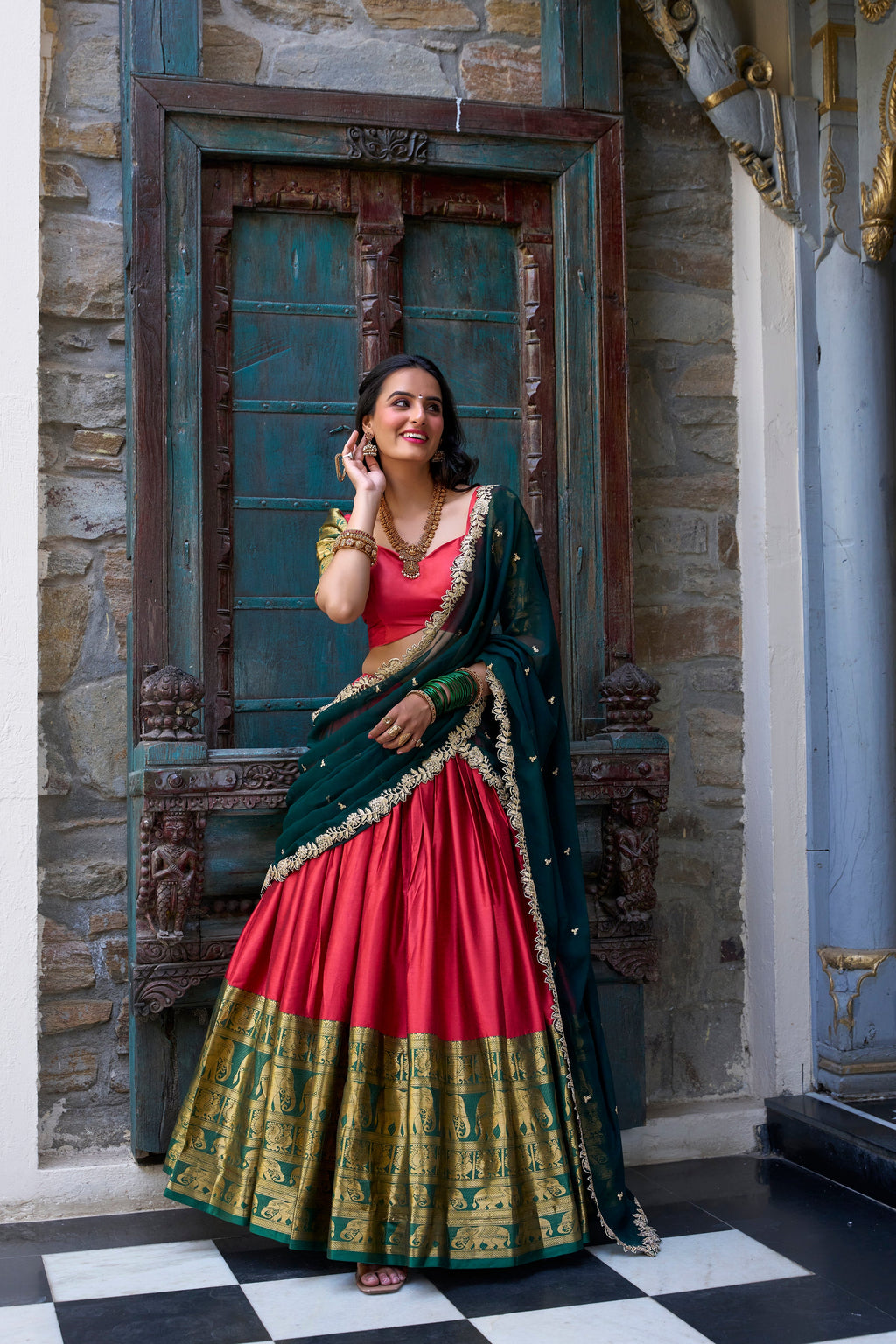 Lorenvalley Red Narayan Pattu Fabric with Zari Weaving Work Lehenga Choli | Grocsy