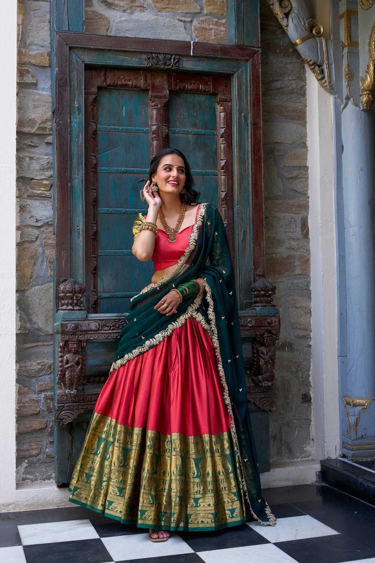 Lorenvalley Red Narayan Pattu Fabric with Zari Weaving Work Lehenga Choli | Grocsy