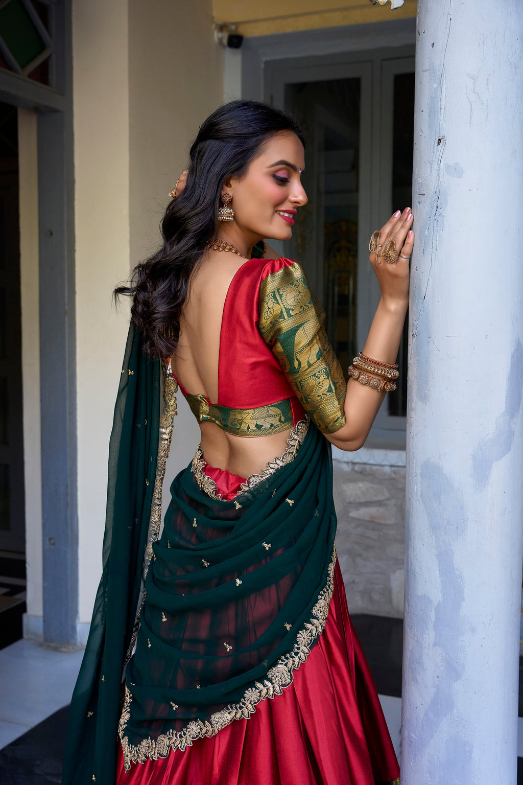 Lorenvalley Red Narayan Pattu Fabric with Zari Weaving Work Lehenga Choli | Grocsy