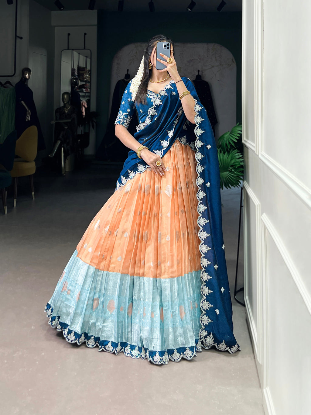 Lorenvalley Orange Zari Kota Zari Weaving Work With Sequins and Thread Embroidery Scallop Lace Border Lehenga Choli with Dupatta | Grocsy