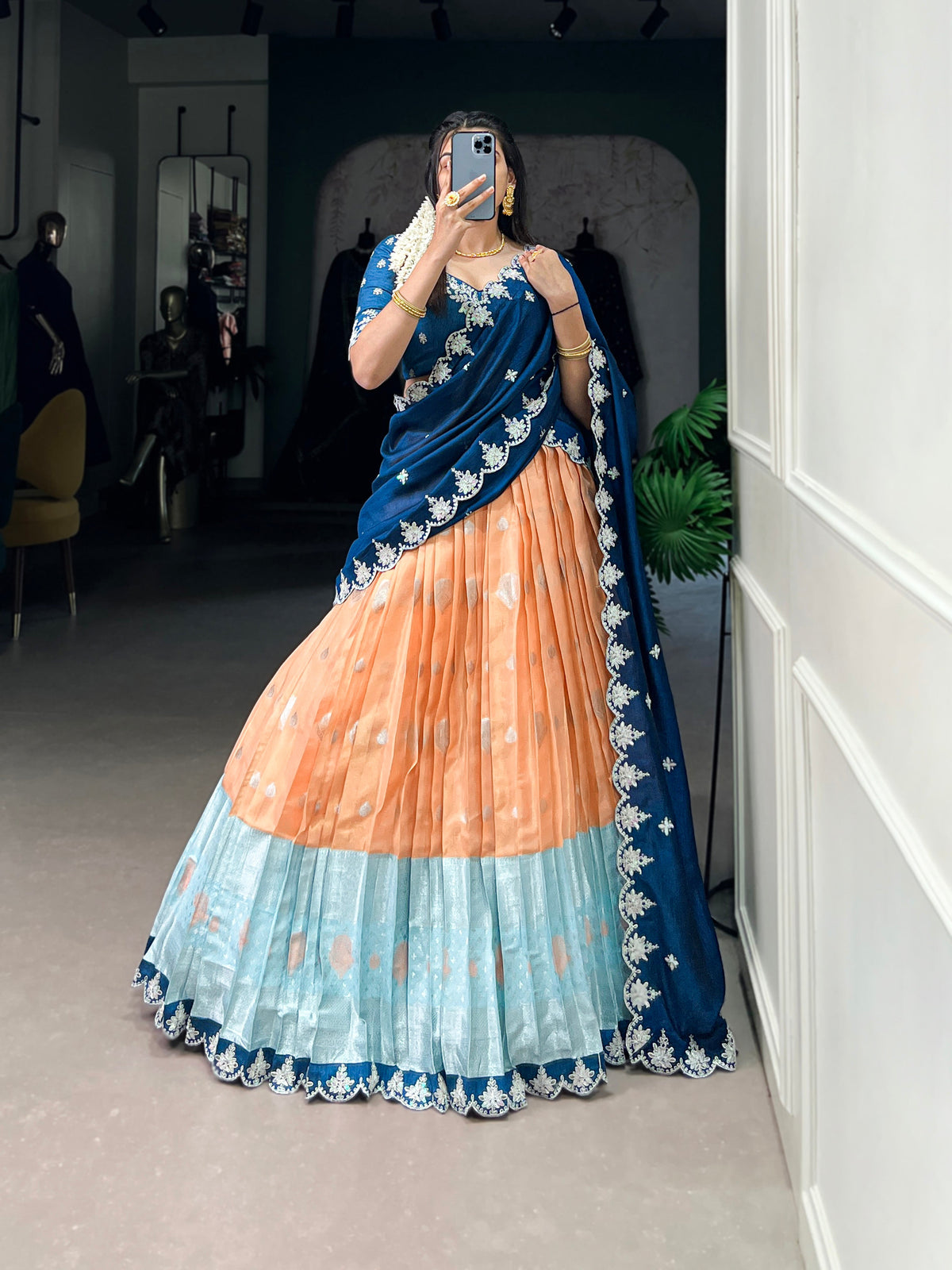 Lorenvalley Orange Zari Kota Zari Weaving Work With Sequins and Thread Embroidery Scallop Lace Border Lehenga Choli with Dupatta | Grocsy