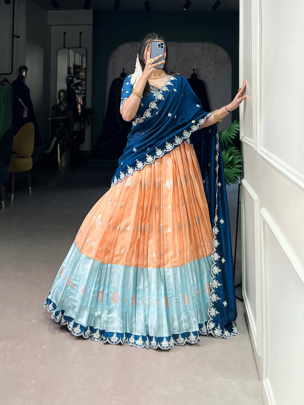 Lorenvalley Orange Zari Kota Zari Weaving Work With Sequins and Thread Embroidery Scallop Lace Border Lehenga Choli with Dupatta | Grocsy