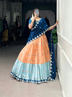 Lorenvalley Orange Zari Kota Zari Weaving Work With Sequins and Thread Embroidery Scallop Lace Border Lehenga Choli with Dupatta | Grocsy